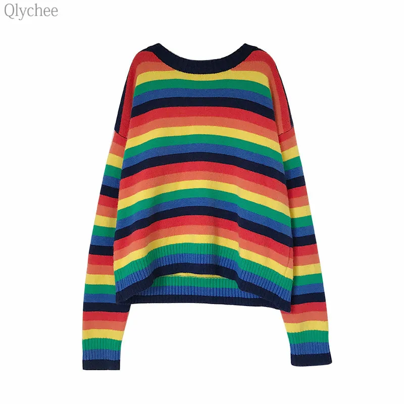 Qlychee Rainbow Stripe Sweaters Female Striped Long Sleeve O Neck