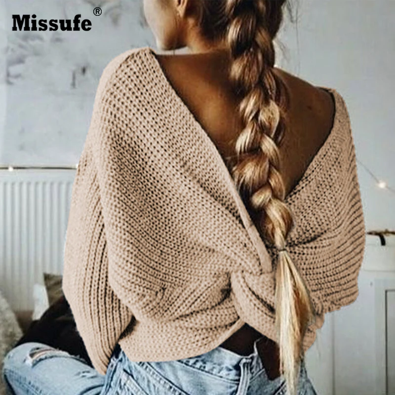 

Missufe Autumn Women Sweater Winter Two-side Wearing Jumpers Sexy Knitted Pullovers Cropped Tops Twist Pull Femme Cross Strap