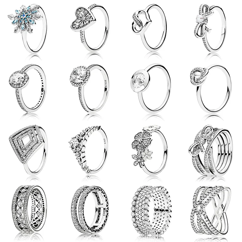 

16 Style 925 Sterling Silver Women Fashion Ring Diy Style Flowers Rhombic Crystal Ring For Women Jewelry
