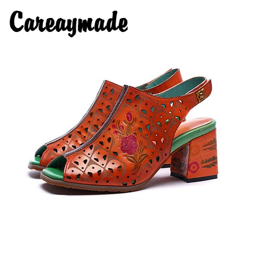 

Careaymade-Summer 2019 New Rough-heeled Shoes Female Genuine Leather Retro-ancient Ethnic Wind Fish Mouth Hollow-out sandals