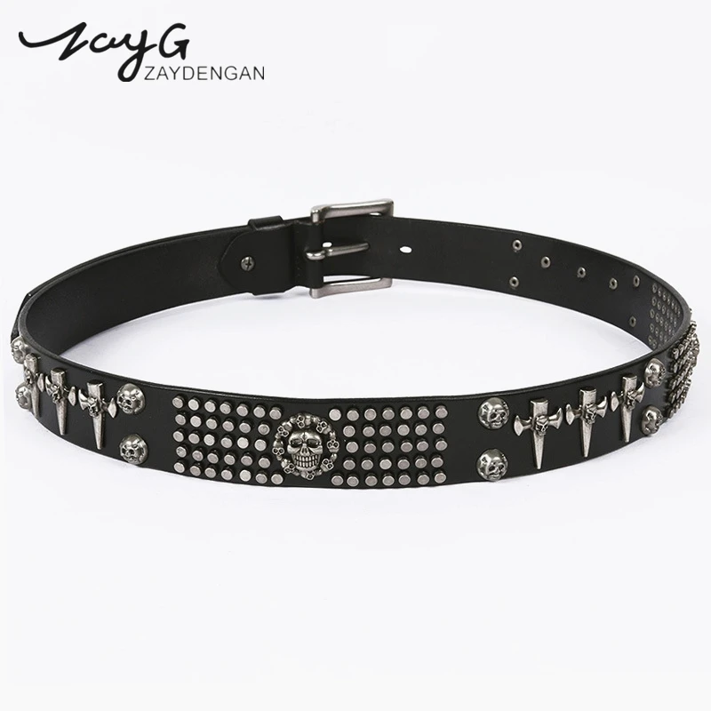 

ZAYG Heavy Metal Genuine Leather rock Skull Belts For Men and Woman Vintage Buckle Rivet Wide Punk Men and Woman Jeans Belt