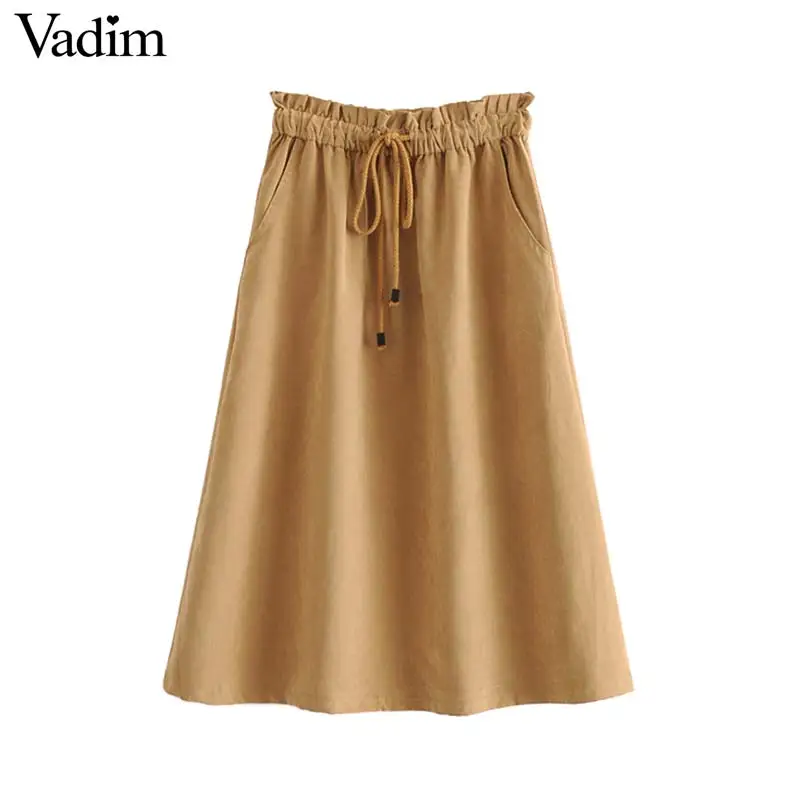 Vadim women retro brown mid calf skirt faldas mujer elastic waist drawstring tie pockets pleated female casual midi skirts BA488 | Женская