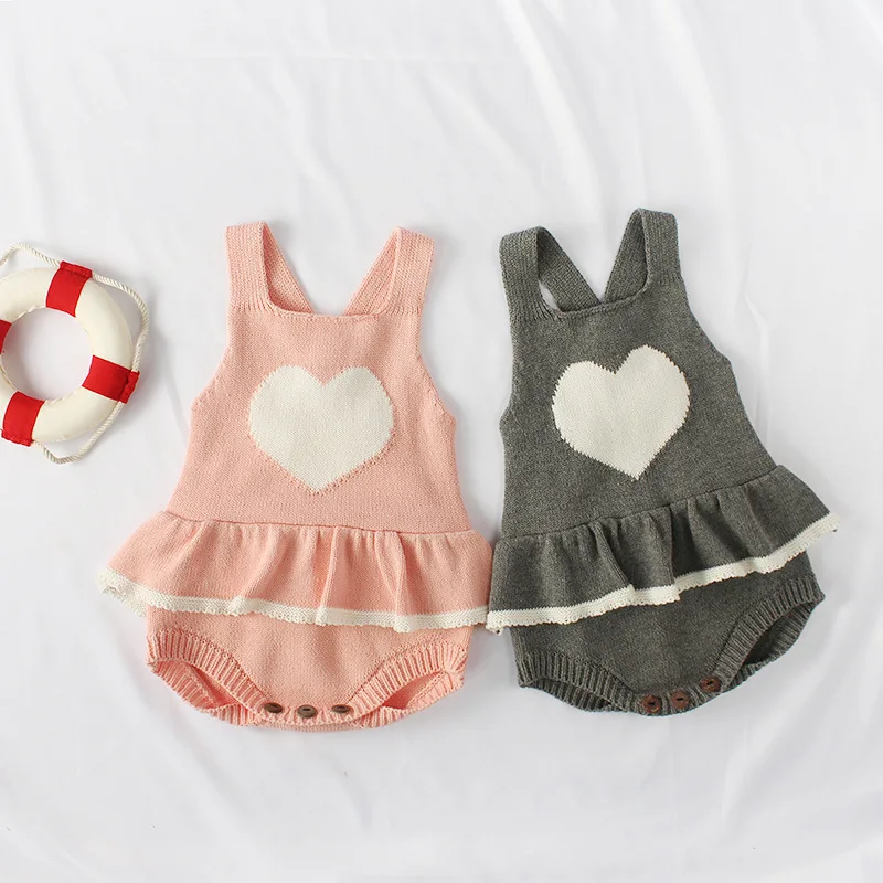 

Baby Girls Love Ruffles Knitted Sweater Rompers Halter Cross Back Pink and Gray Color Autumn Spring Toddler Clothing