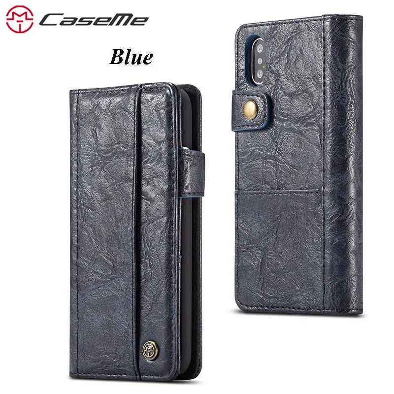 Blue CaseMe Роскошные Натуральная кожа чехлы обложки для iPhone X чехол подставка откидная крышка кошелек с отделением для карт, на магните чехол для телефона - Цвет: Blue