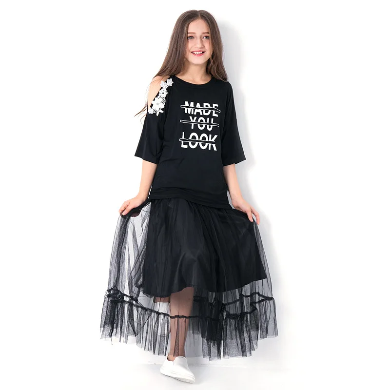 Одежда для девочек-подростков Детский костюм с блестками комплект одежды для детей, весенне-летняя футболка и юбка, костюм для девочек возрастом от 12 до 14 лет - Цвет: Черный