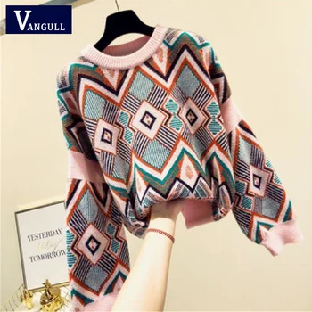 

Vangull Women Knitted Embroidery Sweater 2019 Spring Autumn High Quality Geometric O-Neck Long Sleeve Loose Female Pullovers