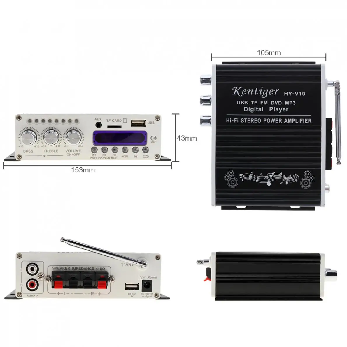 Kentiger HY V10 DC 12 В 20 Вт x 2 2CH Hi Fi Bluetooth автомобильный аудио усилитель мощности FM радио