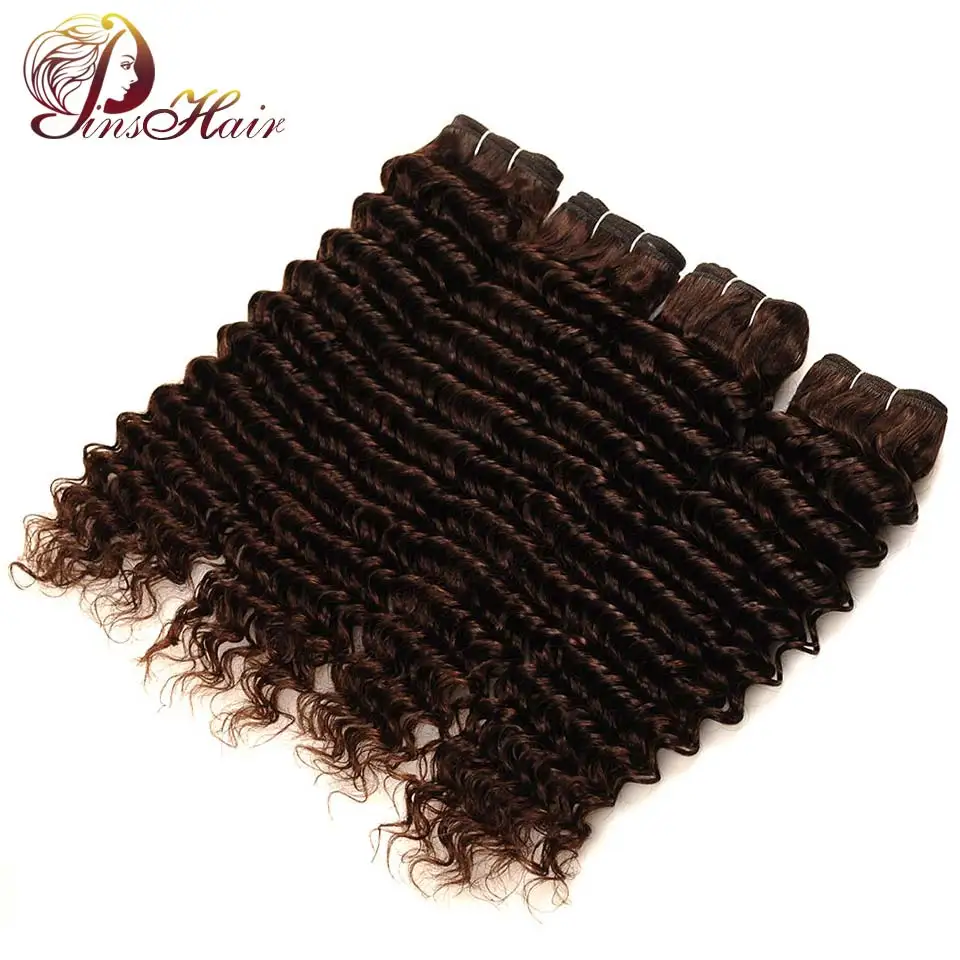 Pinshair, глубокая волна, перуанские волосы, 4 пряди, темно-коричневый,#4 цвета, 100 человеческие вплетаемые волосы для наращивания, густые пряди, не реми волосы