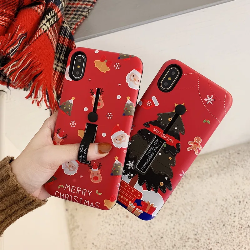 

Merry Christmas Tree Santa Claus Elk Case For iPhone X 10 XR XS Max Hidden Bracket Stand Holder Cover For iPhone 6 6S 7 8 Plus