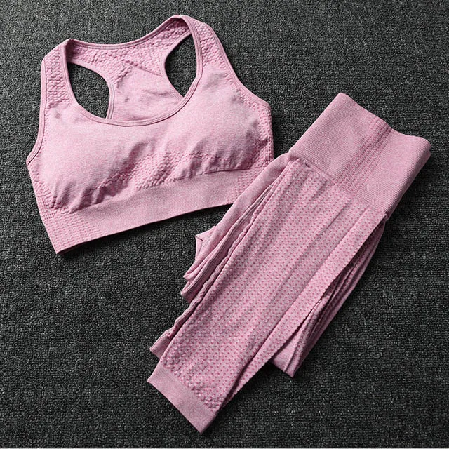 Комплект из 2 предметов для йоги, Женский бесшовный пуш-ап спортивный бюстгальтер, бюстгальтер+ Спортивная одежда для фитнеса, высокая талия, комплект для йоги, спортивные Леггинсы, спортивная одежда для бега - Цвет: Pink 2Pcs Set