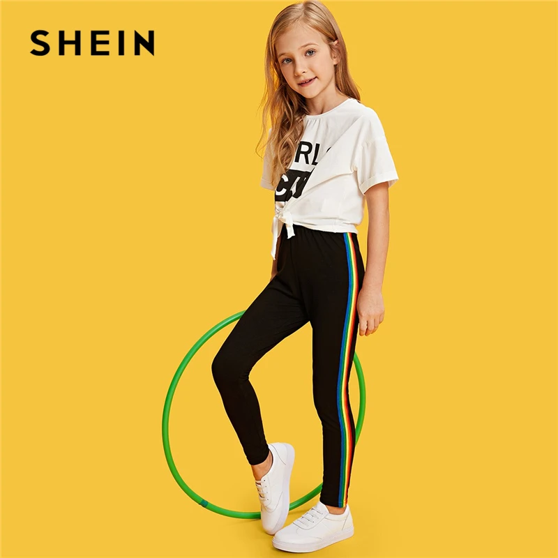 SHEIN/ г.; черные повседневные штаны в радужную полоску с лентой по бокам; леггинсы для девочек; одежда для активного отдыха; брюки с эластичной резинкой на талии; одежда для детей