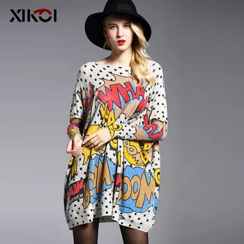 Xikoi 2018 الجديدة النساء المتضخم كنزة صوفية الأزياء جاكيت طباعة القطع الرقبة البلوفرات محبوك الشتاء النساء سترة