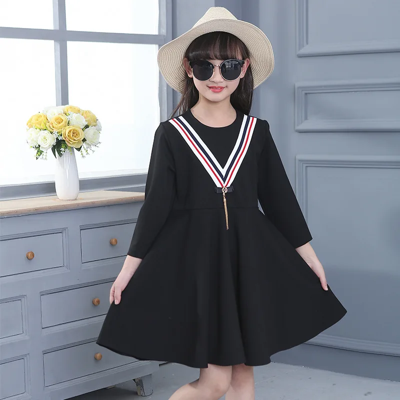 

1 Pcs 4T-14T Girl Dresses Navy Preppy Style Dresses Long Sleeves Cotton Girl Dresses Spring Summer Autumn