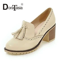 DoraTasia Size 34-39 Fashion Women Chunky Heels Tassle Spring Autumn Shoes Round Toe Platform Slip On Platform pumps