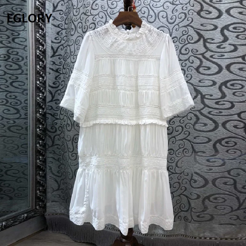 

100%Cotton Dress 2019 Summer Vintage Women Ruffled Collar Hollow Out Lace Patchwork Half Sleeve Straight White Black Dress Lady
