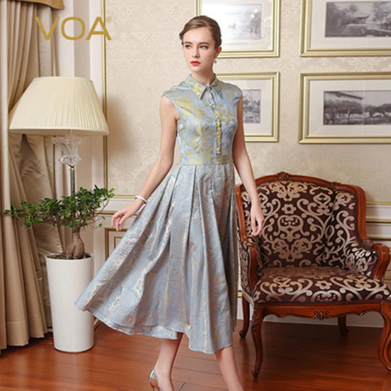 

VOA Vintage Silver Gray Plus Size Silk Jacquard Pleated Dresses Sleeveless Slim Women Maxi Long Runway Dress Elegant Fall A6525
