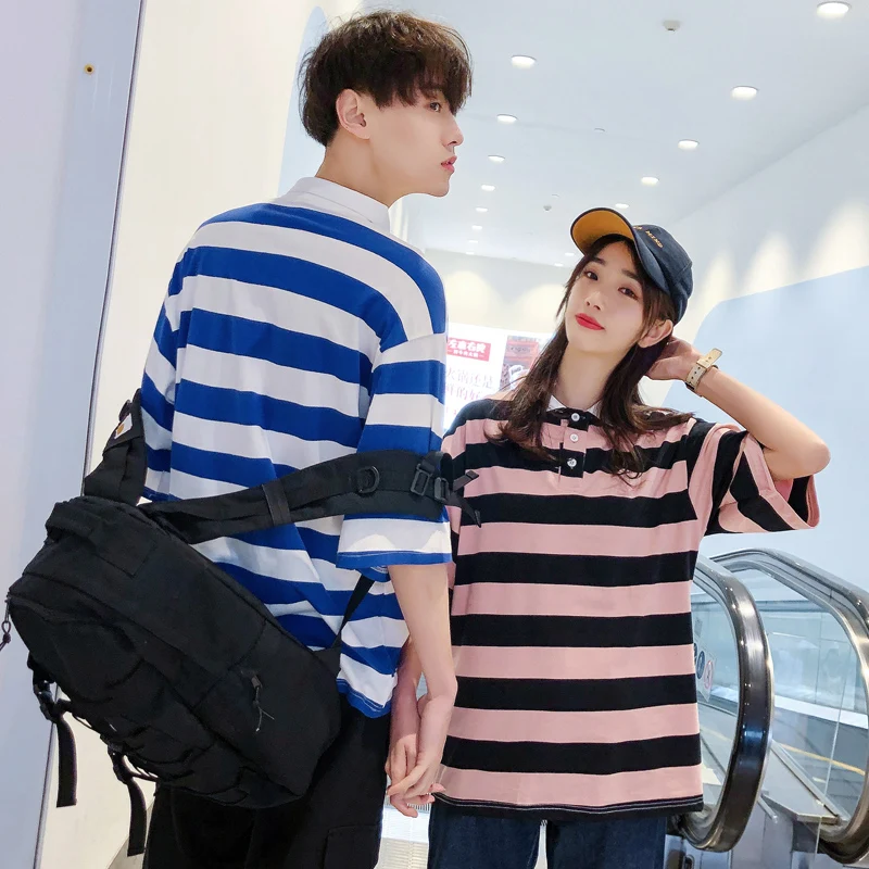 2019 Korean Matching Couple Clothes Autumn Winter Loose Tops Casual T-Shirt blue pink Stripe Cute Couple T Shirts For Lovers