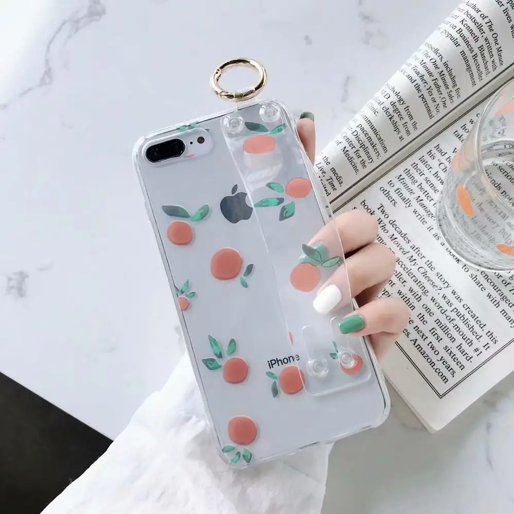 

FastDeng simple transparent soft TPU cover for iPhone 6 7 8 p case cute Orange pattern wrist bracket for iphone X XR XS Max case