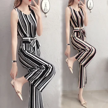 

Striped Chiffon High Waist Thin Rompers Womens Jumpsuit Temperament Combinaison Femme Brief Fashion Wild Overalls Female Summer