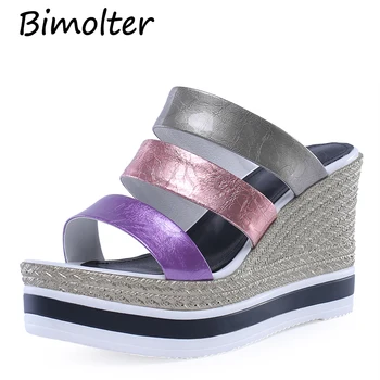 

Bimolter Colorful Band Wedges High Heels Slippers High Heels Peep Toe Thick Heel Platform Shoes For Women Lady Beach Shoes FC083