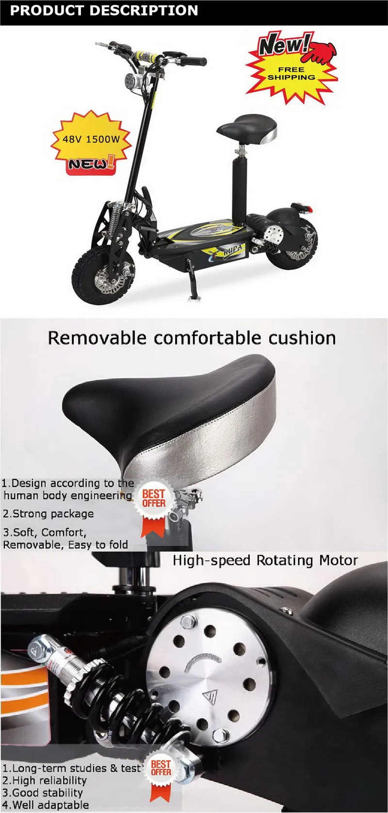 Perfect OSB50 Free Shipping High Qality Foldable Electric Scooter, E scooter with 11" Two Wheels 48V 1500W, Adult Electrical Scooter 0