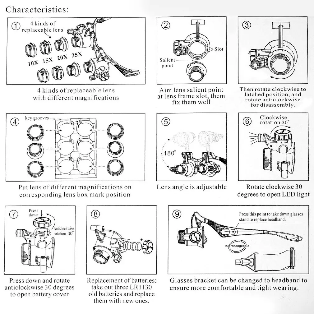 Часы Ремонт лупа увеличительное стекло 10X 15X 20X 25X двойной глаз ювелирные изделия с 2 светодиодный свет Лупа Объектив Микроскоп
