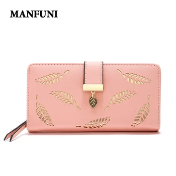 

New Fashion Korean Version of The Hollowed Out Leaf Purse for Women Two Fold Long Section of Zipper Purse Mobile Phone Card Bag
