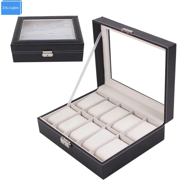 10 Grids Glass Top Leather Watch Display Storage Case With Lock (Black