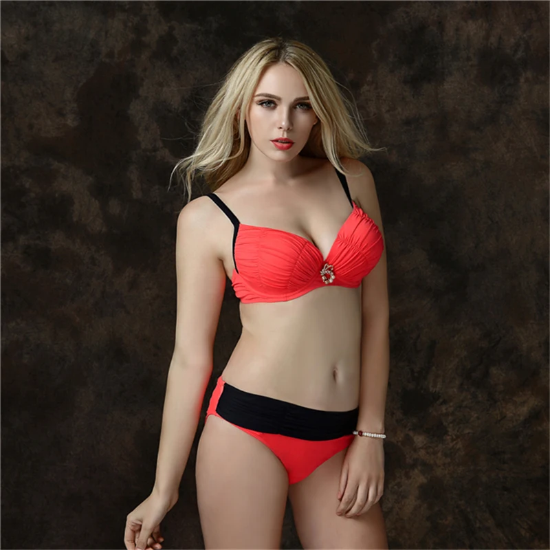 Solid Russian Red 2xl 6xl plus size swimwear push up padded two pieces