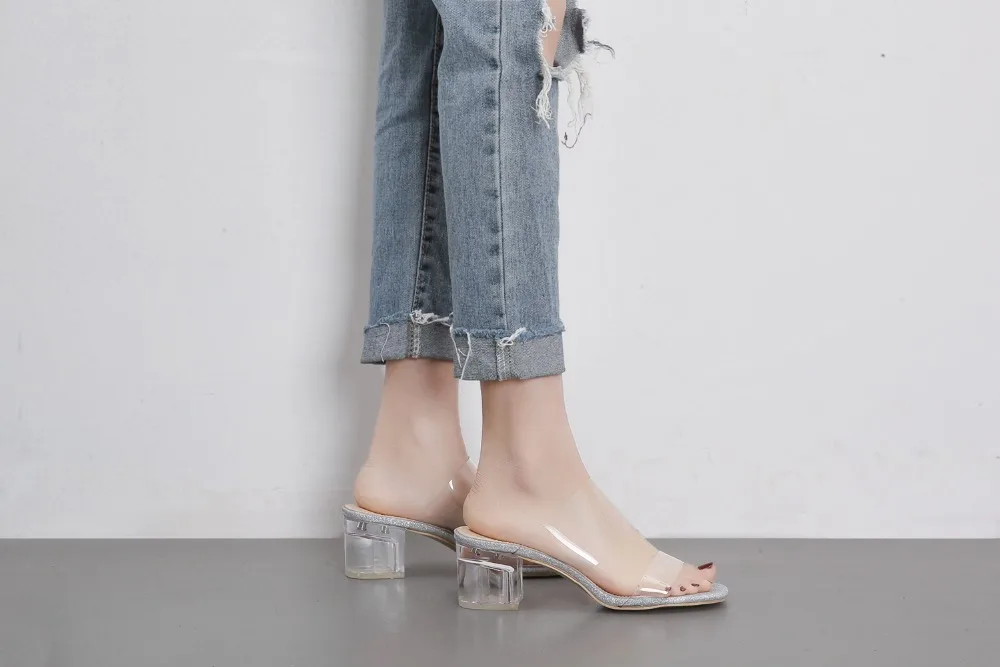 AIYKAZYSDL/женские босоножки со стразами; прозрачные пластиковые шлепанцы; шлепанцы без задника с открытым квадратным носком; обувь на высоком толстом каблуке