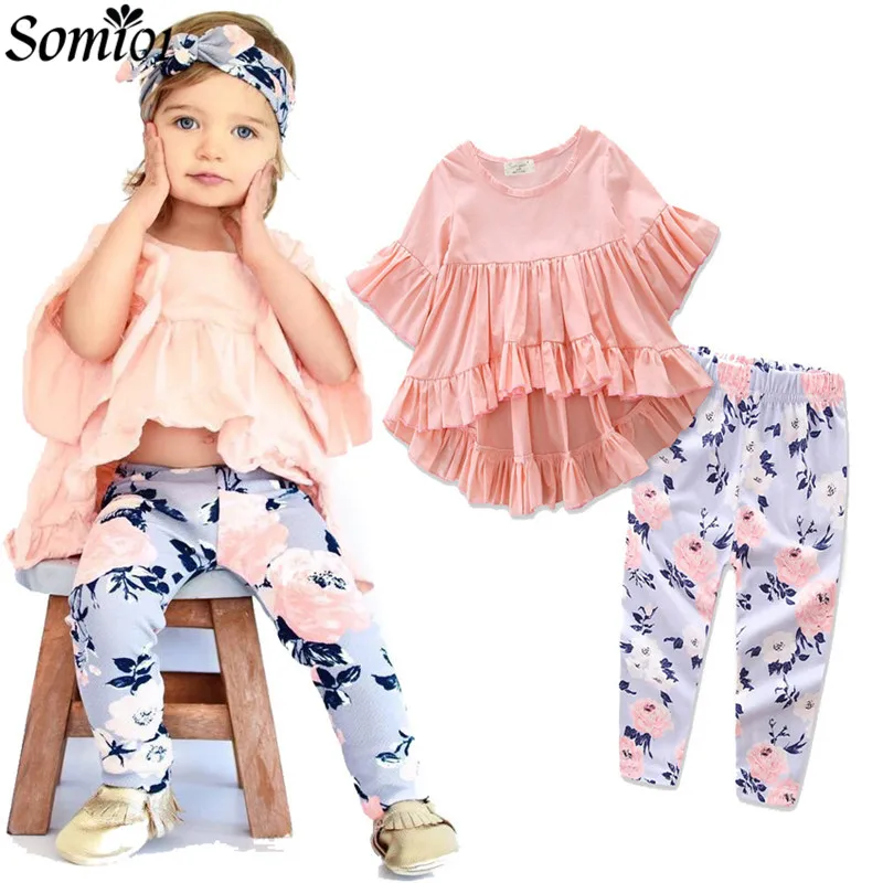 Autumn Spring Summer Toddler Kids Baby Girls Clothes Outfits Set Irregular Ruffled Cotton T-shirt + Floral Pants Leggings 2Pcs | Детская