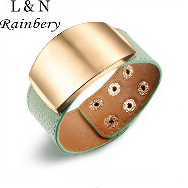 Rainbery 2016 Titanium steel Genuine Leather Cuff Bracelet Pulseras 3 Row Gold Plated Multicolor Leather Bracelet For Women Men