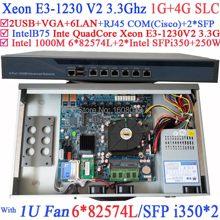 

Powerful 1U Firewall Quad Core Xeon E3-1230 V2 3.3Ghz with 8 Ports 6*1000M 82574L Gigabit Nics 2* intel i350 SFP 1G RAM 4G SLC