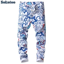 Sokotoo мужские джинсы с 3D принтом букв, Модные цветные синие белые узкие джинсы