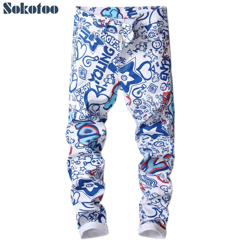 Sokotoo Men's letters 3D printed jeans Fashion colored blue white slim skinny denim pants Sokotoo Men's letters 3D printed jeans Fashion colored blue white slim skinny denim pants