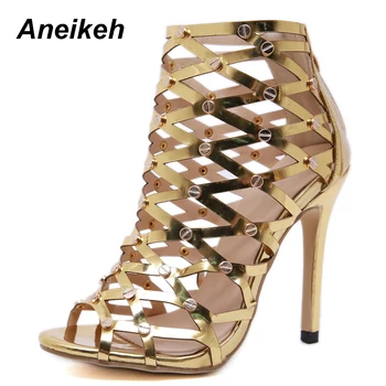 

Aneikeh 2019 Mature PU Ankle Boots Peep Toe Summer Women's Boots Hollow Out Zipper Thin Heels Shallow Wedding Dress Gold 35-40