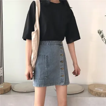 

2019 Spring Women High Waist Denim Skirts A-Line Jeans Skirts Buttons Retro Vintage Korean Black Jeans Skirts