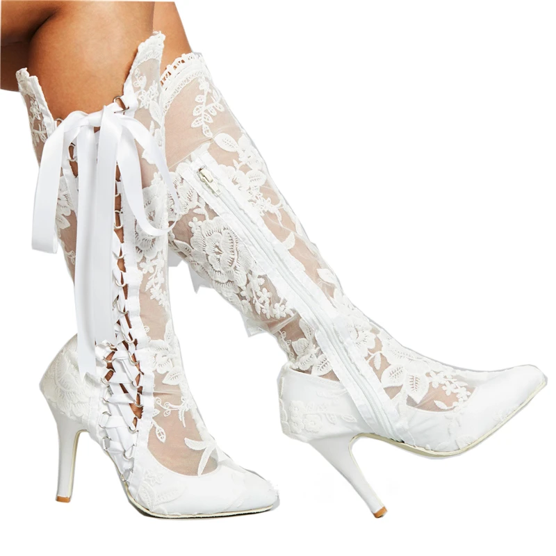 

Lace Long Boots Women Wedding Shoes High Heels White Bow Tie Hollow Mid Calf Boots Fashion Bride Ladies Spring Shoes Big Size 44