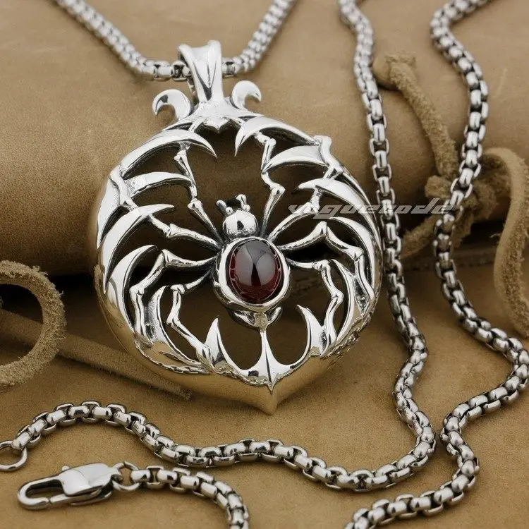 

925 Sterling Silver Huge & Heavey Spider Red CZ Stone Mens Biker Pendant 9H010A(Necklace 24inch)