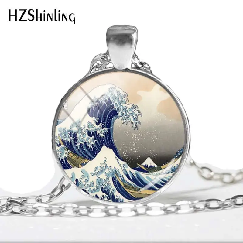2018 NEW The Great Wave Necklace Japanese Artist Painting Pendant Handmade Jewelry Round Glass Cabochon Necklaces HZ1 | Украшения и