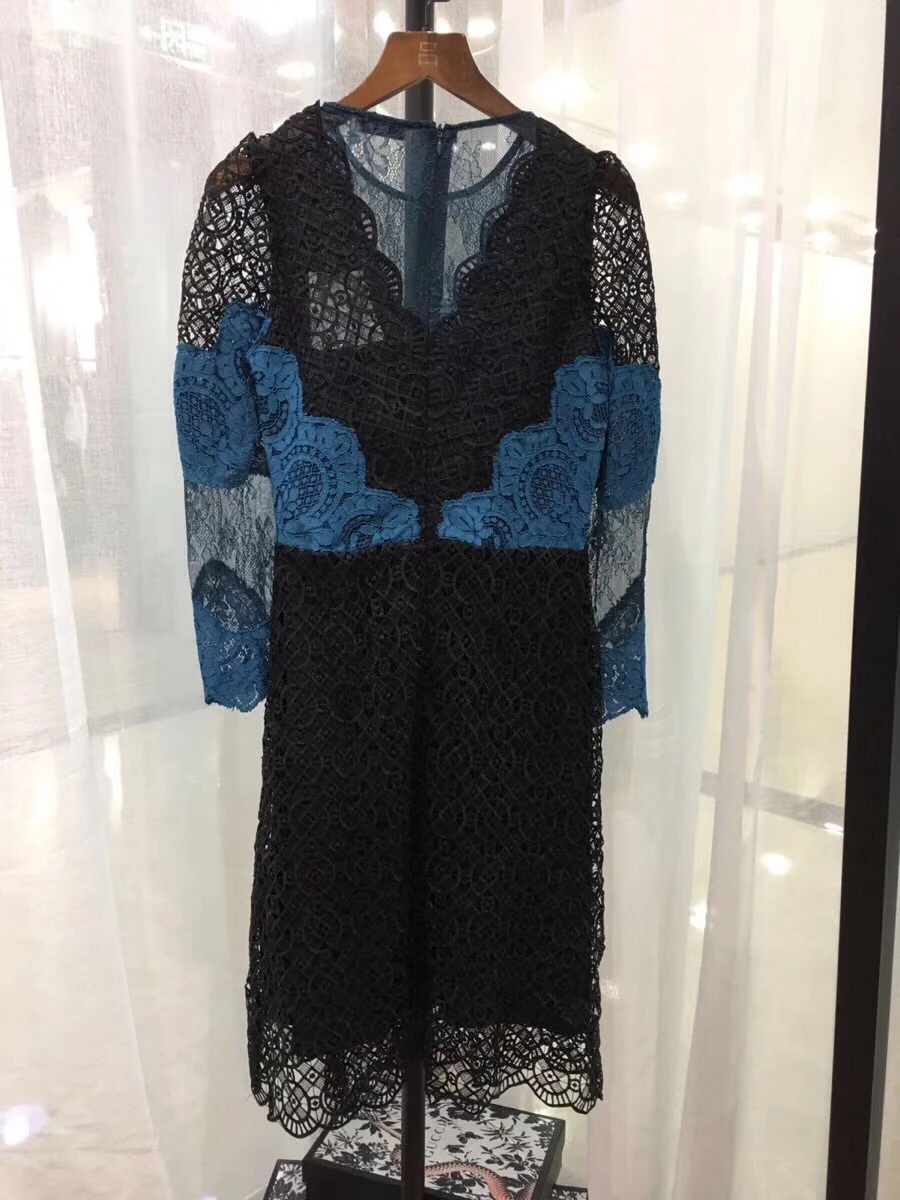 Осень и зима новая мода семь рукав хит цвет тяжелое кружево Вышивка женское сексуальное тонкое кружевное платье