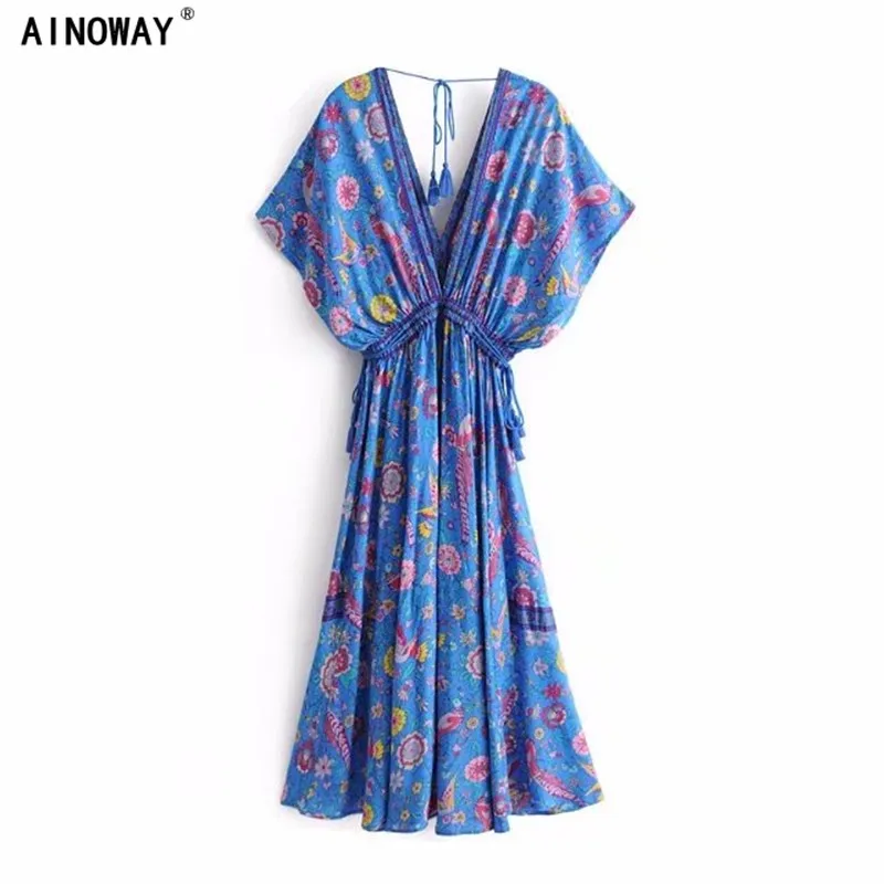 

Vintage Chic fashion women peacock print V-neck lace up beach long Bohemian dress Ladies rayon Tassel Summer Boho dress
