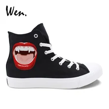 Вэнь черные высокие парусиновые туфли для женщин дизайн вампир красный рот острые клыки зуб парусиновые Кроссовки мужские белые плимсоллы на плоской подошве