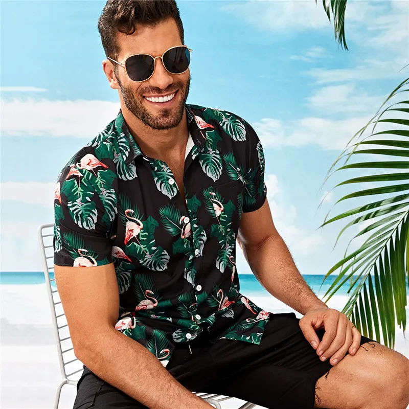 ROMWE мужские летние пляжные рубашки с коротким рукавом и принтом в стиле бохо, мужские повседневные рубашки с отложным воротником на одной пуговице в богемном стиле