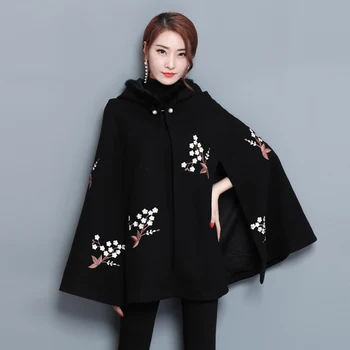 

New High Quality Autumn Hooded Winter Poncho Women Plus Size Sleeveless Wool Blend Coat Poncho Loose Embroidery Cloak Coat 3XL