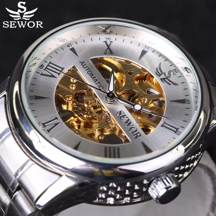 SEWOR Новая серия полый полностью Золотой Скелет Мужские часы лучший бренд класса люкс автоматические механические деловые повседневные часы