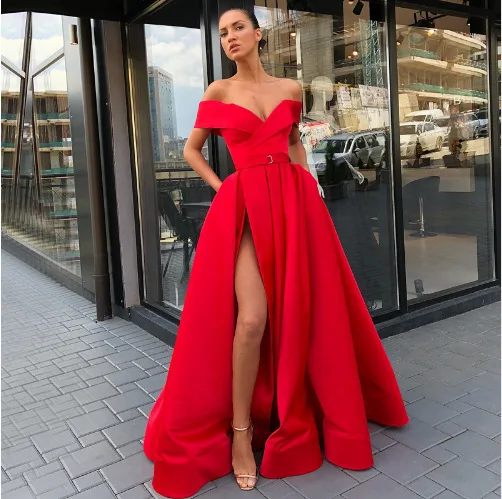 Beauty Emily Long Red Sexy Evening Dresses For Wedding Off The Shoulder Pleated Ball Gowns Party Dress High Split Backless Gowns - Color: Red