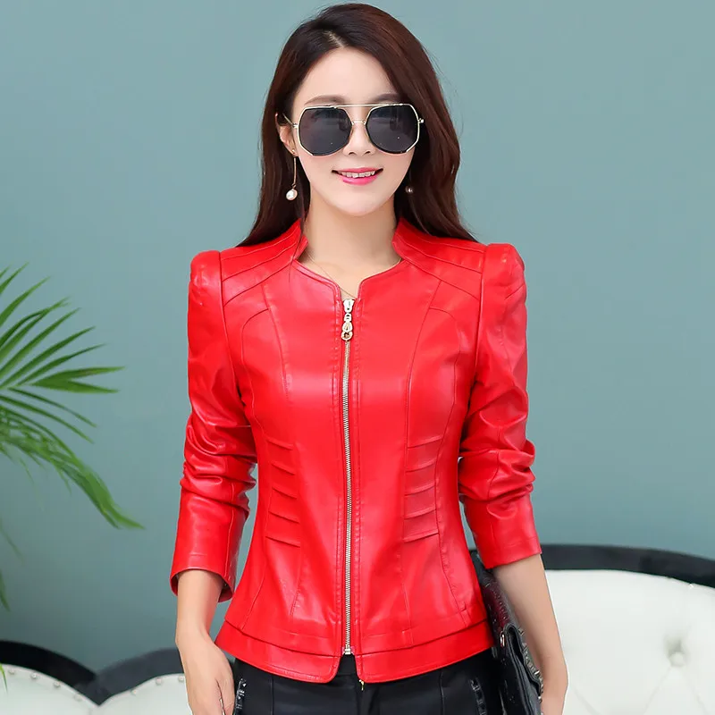 TEAEGG тонкая Осенняя кожаная женская куртка черная кожаная куртка женская одежда размера плюс 4XL искусственная женская кожаная куртка AL31 - Цвет: red