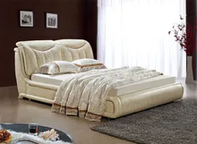 Diseño moderno de cuero verdadero genuino suave / cama doble tamaño king / queen muebles para el hogar dormitorio rectángulo cama moderna americana