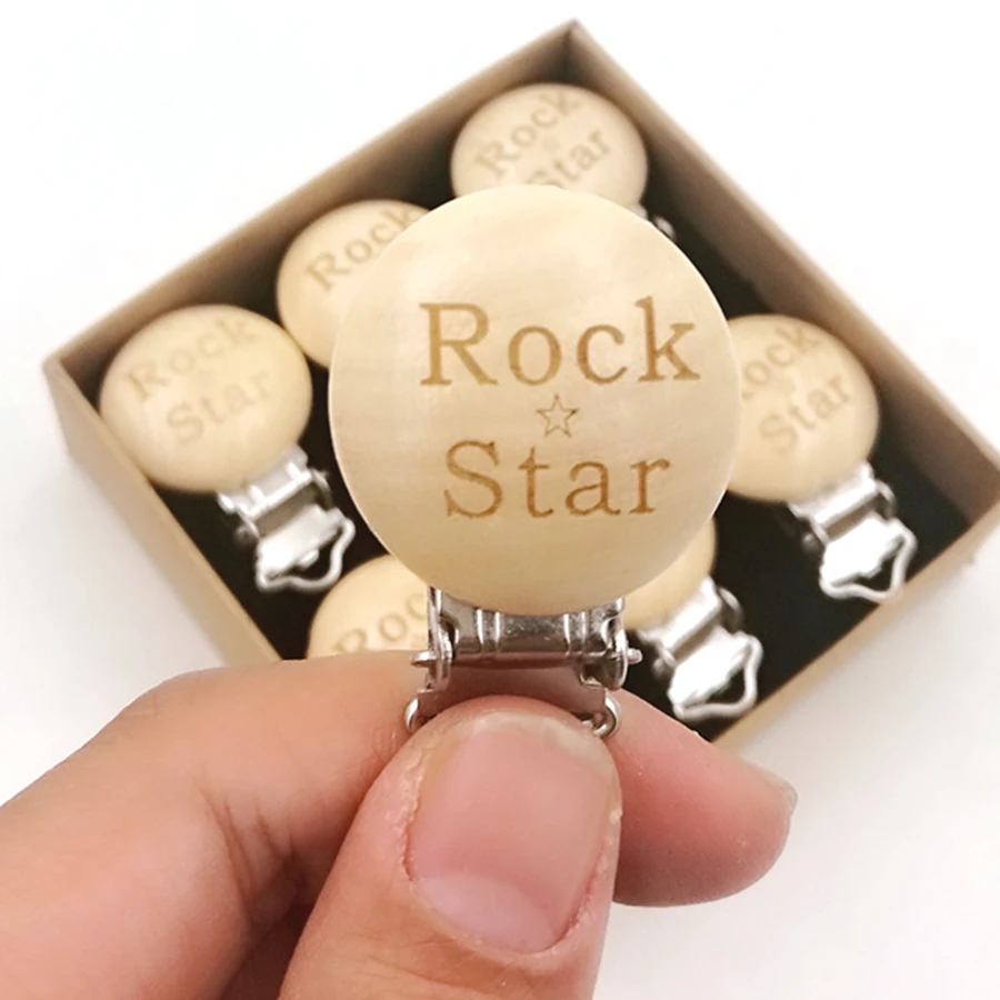 

20 x plain solid wood Pacifier Clips Engraved ROCK & STAR burnt Wooden Round natural dummy holder PACIFIER HOLDER EA299